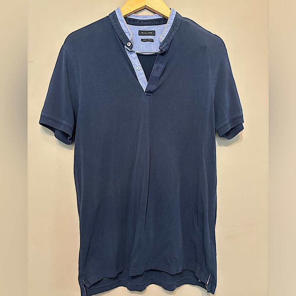 MASSIMO DUTTI Cotton Navy Short Sleeved Pullover Shirt